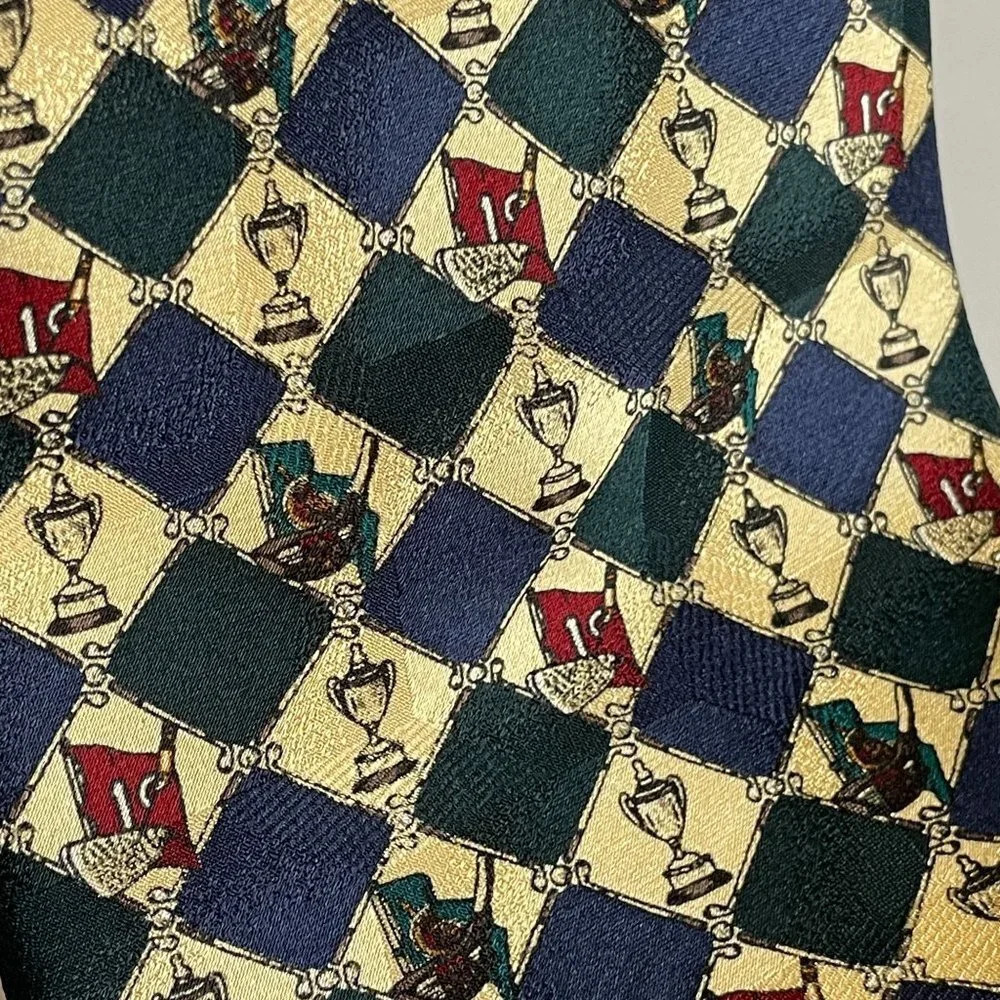 Cromley & Finch London GOLF CLUB TROPHY Necktie Silk Burgundy Navy Green Vintage